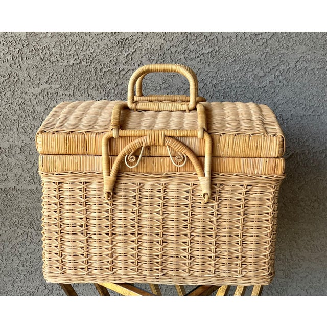 Circa 1970 Coastal Chic Nicely-Sized Decorative Rattan Sewing Basket With Folding Latch Handles For Sale - Image 15 of 15
