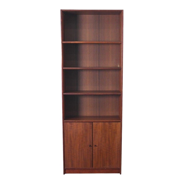 Mid 20th Century Narrow + Tall Danish Teak Bookcase With Lower Doors For Sale