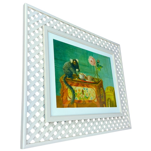 French Provincial 1980s Louis Tessier, a Marmoset Monkey Taking Sweets on a Painted Commode Giclée Reproduction Print on Canvas in Lattice Frame For Sale - Image 3 of 11