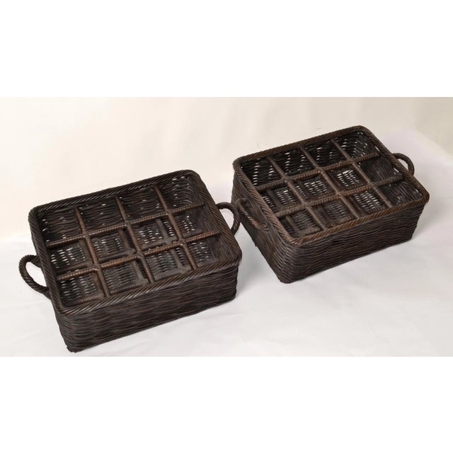Bloomingdale's Pair of Boho Chic Wicker Twig Cane 12-Bottles Wine Basket Tray Barware Walnut Finish For Sale - Image 4 of 12