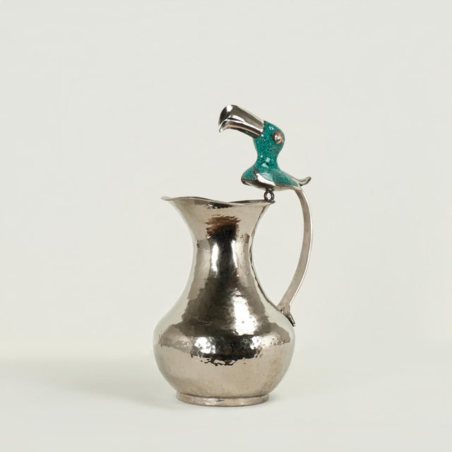 Mid-Century Modern Vintage Silver Plate Pitcher With Toucan For Sale - Image 3 of 11