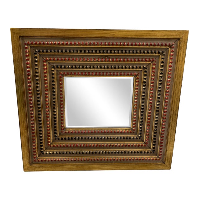 Vintage Gold With Red & Black Detail Trim Beveled Mirror For Sale