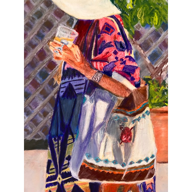 1990s 1990s Original Oil Pastel Figurative Painting, Woman in Sun Hat With Southwestern Textiles, Signed (Artists Unknown) For Sale - Image 5 of 6