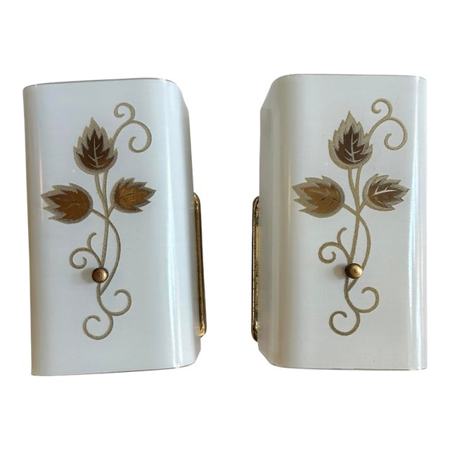 Mid Century Painted Gold Floral Leaf Pattern Sconces, Circa 1950 For Sale