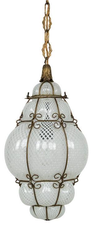 Mid-Century Reticello Glass Lantern Pendant in the style of Venini, Italy, 1950s