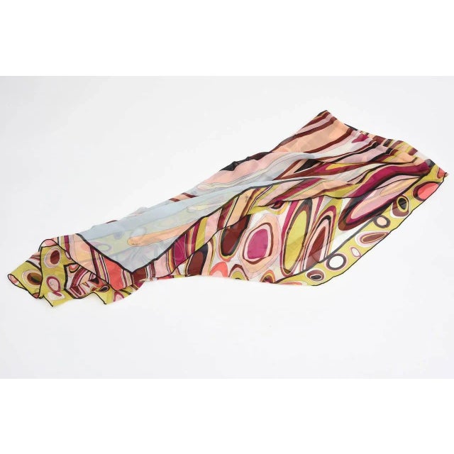 Emilio Pucci Vintage Emilio Pucci Oblong Silk Scarf Magenta, Pink, Chartreuse, Brown, Black, Coral, 1970's For Sale - Image 4 of 9