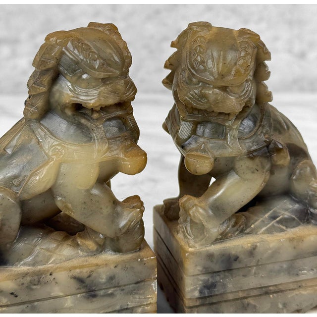 Antique Traditional Chinese Soapstone Foo Dog Bookend Sculptures - A Pair For Sale - Image 9 of 10
