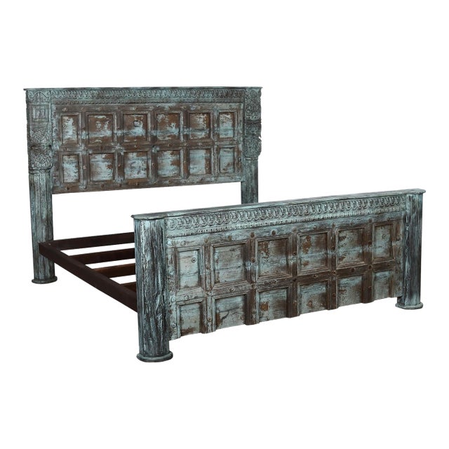 Complete King Size Bed Constructed From an Antique Painted Teakwood Rajasthani Door and Pillars For Sale