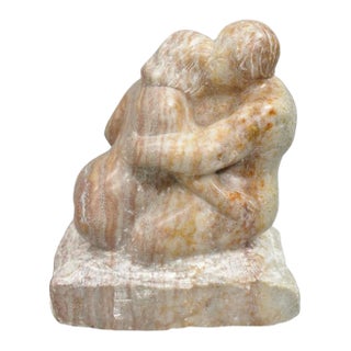 Late 20th Century Morton Gaffin "Lovers Embrace" Modernist Carved Alabaster Marble Nude Sculpture For Sale