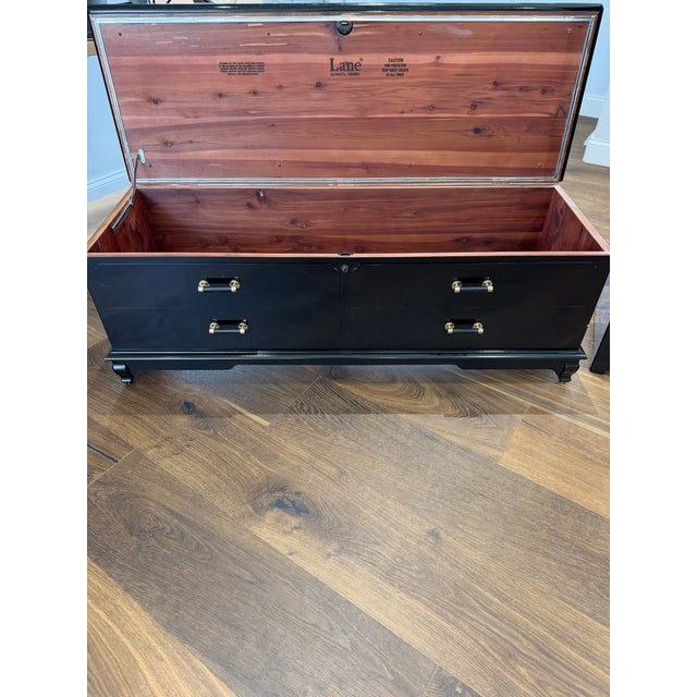 Paint Vintage Lane Black Lacquer Hollywood Regency Queen Bedroom Suite With Matching Cedar Chest For Sale - Image 7 of 16