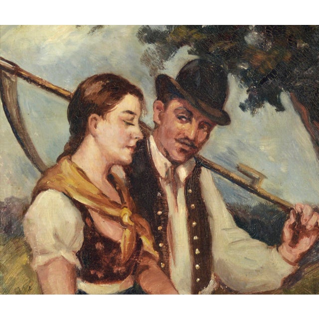 Hungarian Harvest Courtship 1920s Well executed impressionist painting of a Hungarian countryside courtship vignette by a...