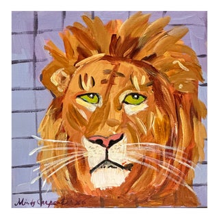 "Bergdorf Lion" Original Whimsical Big Cat Portrait Painting For Sale