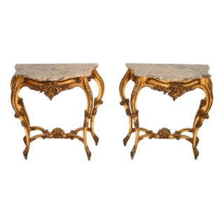 Vintage French Console Tables in Gilt Wood with Marble Top, 1950, Set of 2 For Sale