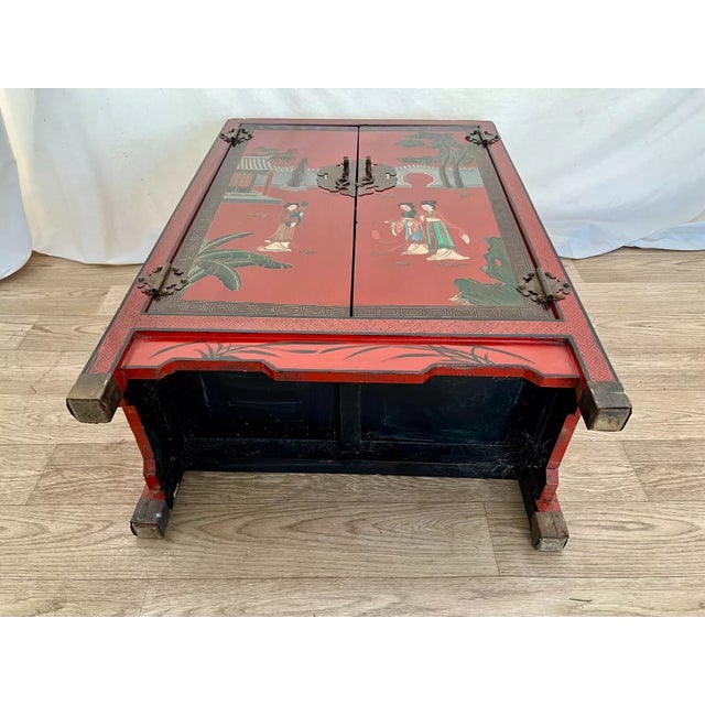 1950s Mid Century Chinese Console Cabinet Double Doors Interior Shelf Hand Painted For Sale - Image 11 of 11