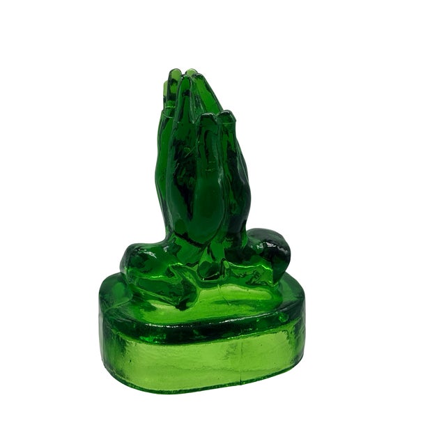 Vintage Emerald Green Pressed Glass Praying Hands Sculpture For Sale - Image 9 of 11