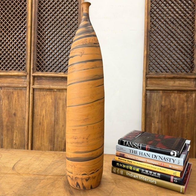 Late 20th Century Tall & Skinny Canyon Orange Prem Vase with Black Swirl For Sale - Image 5 of 8