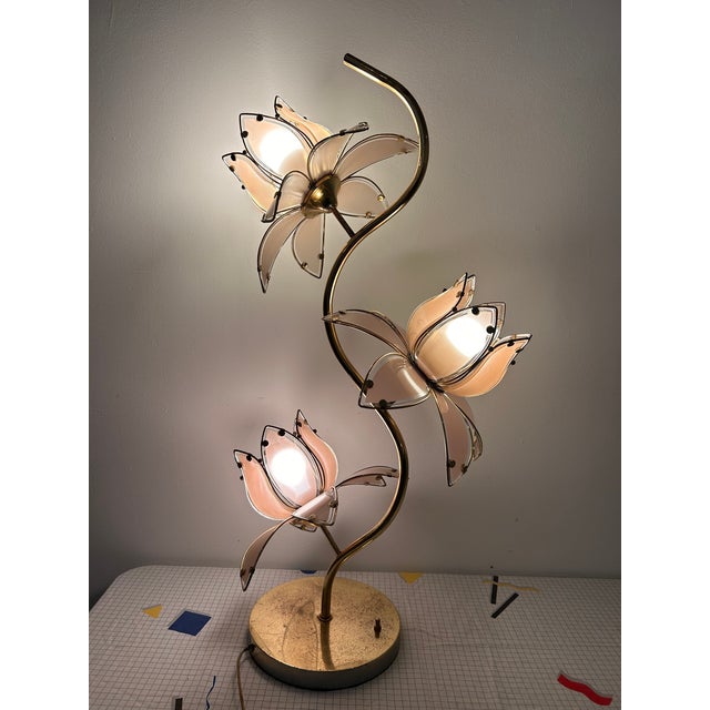 Metal 1970s Mid Century Modern Hollywood Regency Pink Lotus Flower Tall Table Lamp 36” For Sale - Image 7 of 12