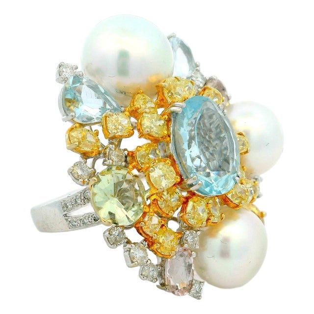 1980s 18k White Gold Aquamarine Multi-Gem Pearl Diamond Cluster Cocktail Ring, Size 6.75 For Sale