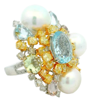 1980s 18k White Gold Aquamarine Multi-Gem Pearl Diamond Cluster Cocktail Ring, Size 6.75