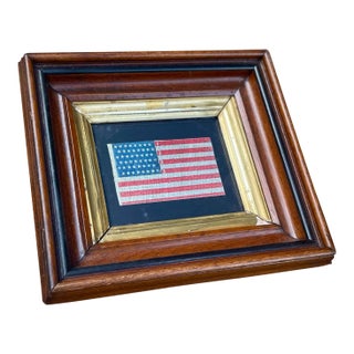 Antique American Flag Staggered 48 Stars Glazed Cotton in Antique Walnut Gilt Frame For Sale