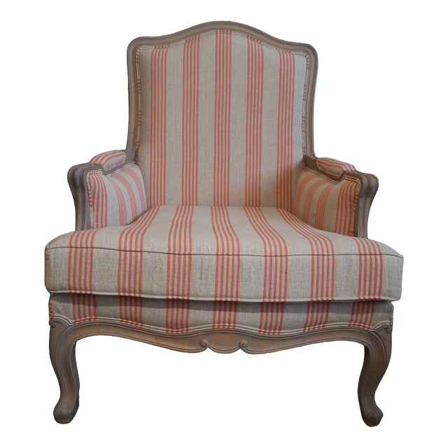 Louis XV Bergère Chair with Cerused Finish in Coral Striped Linen, 1890s For Sale