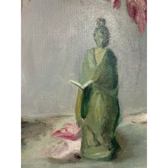 Wood 1976 Original Signed Impressionist Painting of Floral Bouquet and Statue For Sale - Image 7 of 11