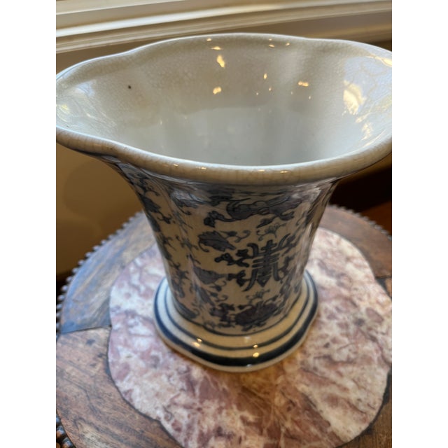 Metal Mid-20th Century Chinese Blue & White Crackle Glaze Vase With Bats & Shou Motif For Sale - Image 7 of 7