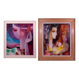 Lleo, Stylised Female Portraits, Mid-20th Century, Oil Paintings, Set of 2 For Sale