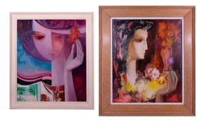 Lleo, Stylised Female Portraits, Mid-20th Century, Oil Paintings, Set of 2