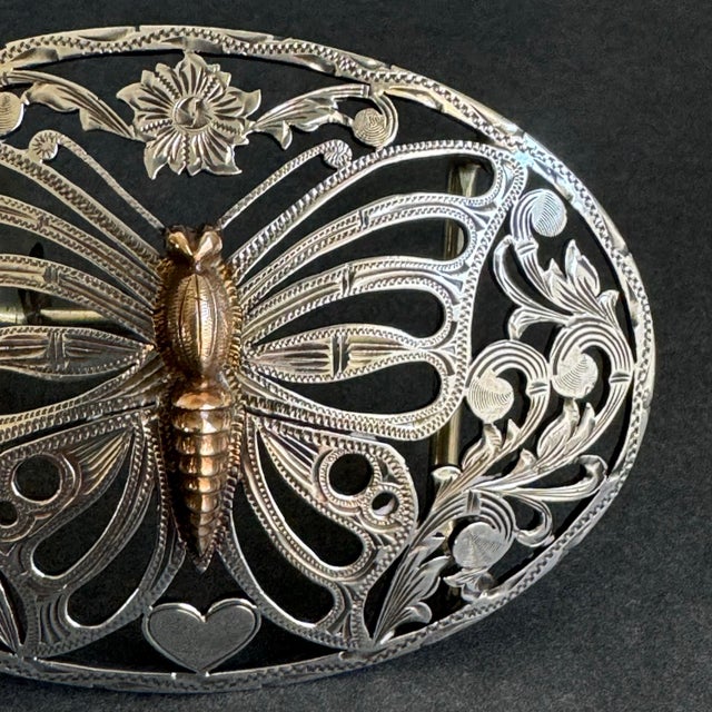 Mid 20th Century Fleming Butterfly Belt Buckle Western Sterling Silver Filigree Etched Ornate Large Oval For Sale - Image 5 of 12
