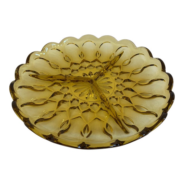 Vintage Amber Glass Divided Serving Dish With Scalloped Edge For Sale