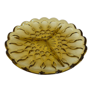 Vintage Amber Glass Divided Serving Dish With Scalloped Edge