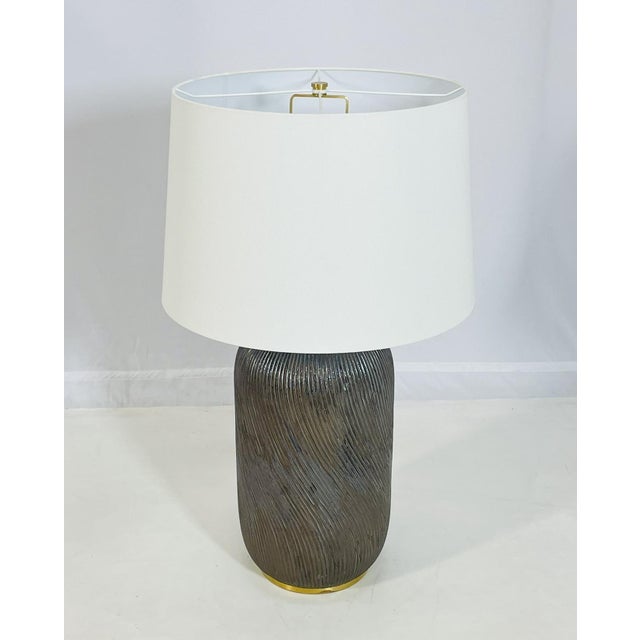 2020s Ralph Lauren Ceramic Table Lamp With Brass Accents & White Shade For Sale - Image 5 of 16