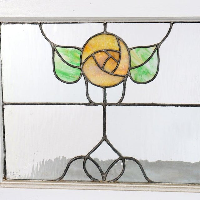 Antique Arts & Crafts Stained Glass Transom Window With Stylized Yellow Roses c1920 Measures - 17 3/4" x 76" x 1 5/8"