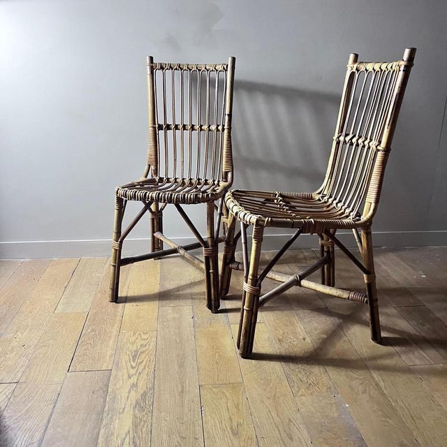 A Pair of Vintage Italian Bamboo Chairs ( 2 pairs available ) Dimensions height 90cm Depth 43cm Overall depth 50cm Width...