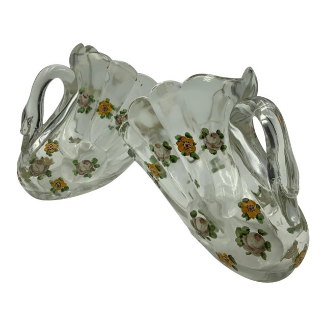 Hand Painted Swan Depression Glass Vases - A Pair For Sale