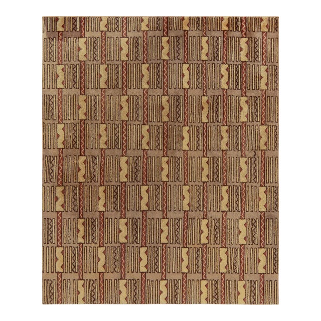 1960s Vintage Deco Rug in Beige-Brown and Red Geometric Pattern For Sale