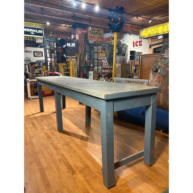 Early 20th Century Antique Extra Long Industrial Table - Weathered Zinc and Painted Base For Sale - Image 5 of 9