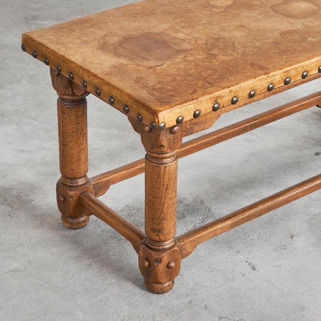1920s Spanish Brutalist Coffee Table in Oak, Metal and Patinated Leather, 1940s For Sale - Image 5 of 18
