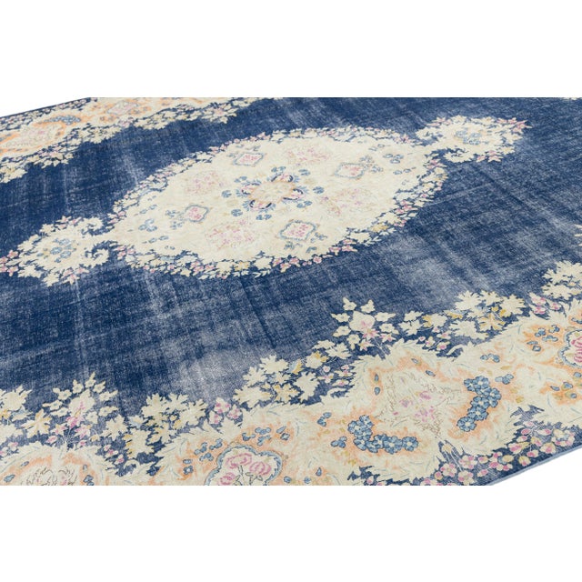 Textile 10x13 Antique Persian Kerman Rug - Large Floral Medallion - Navy & Cream For Sale - Image 7 of 11