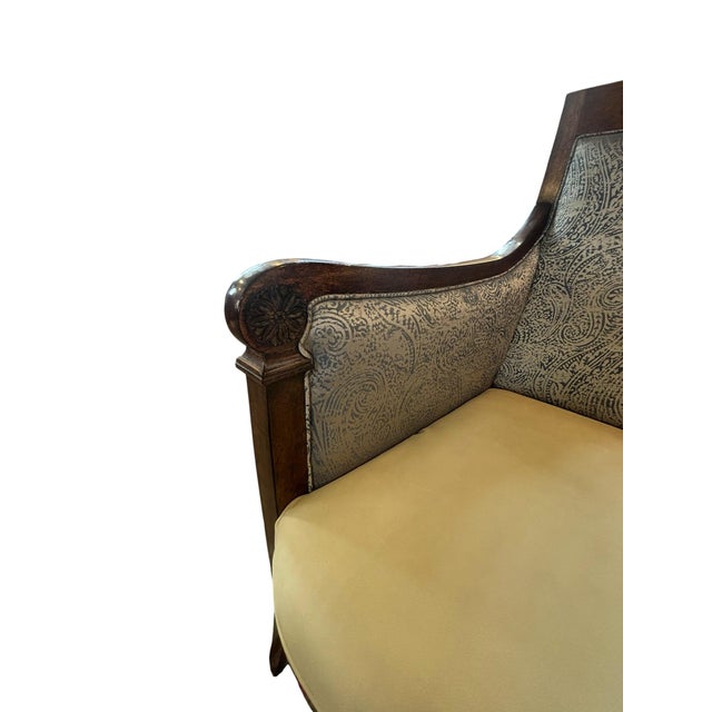 Late 20th Century Neoclassical Walnut Lounge Chair With Paisley Upholstery Transitional Designer Accent Chair For Sale - Image 5 of 8