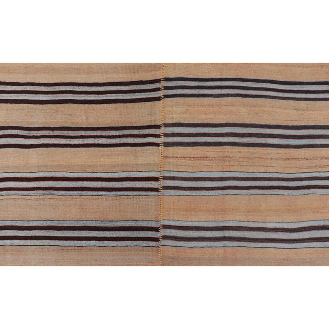Turkish Vintage Kilim Striped Rug in Brown, Blue & Cream 5'3 X 12'4 For Sale - Image 9 of 11