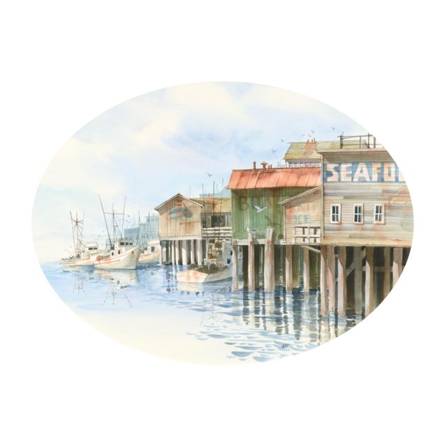 Highly detailed watercolor of fishing boats at a pier by an unknown artist named Jones, possibly a Monterey area artist....