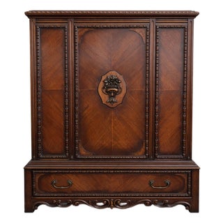 Vintage Baker Furniture Mahogany Cabinet With Bookmatched Veneer & Carved Urn Medallion For Sale