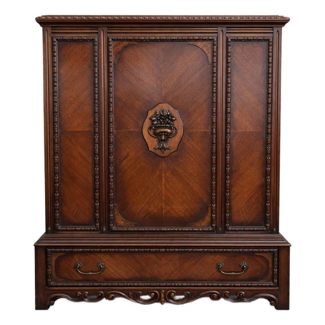 Vintage Baker Furniture Mahogany Cabinet With Bookmatched Veneer & Carved Urn Medallion For Sale