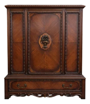Vintage Baker Furniture Mahogany Cabinet With Bookmatched Veneer & Carved Urn Medallion
