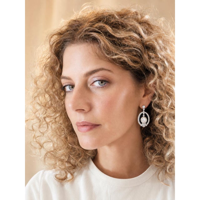 Vintage 18k White Gold South Sea Pearl, Onyx and 5 Carat Diamond Earrings, Pair For Sale - Image 10 of 10