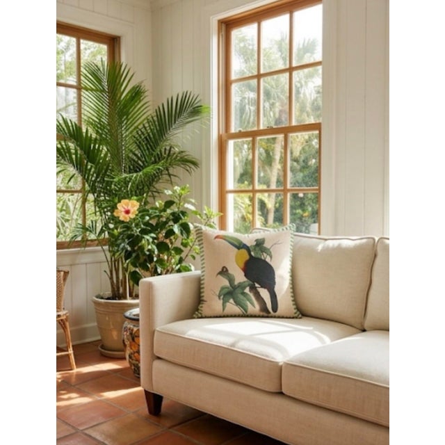 Vintage Linen Toucan & Snail Cushion With Striped Border For Sale - Image 9 of 12