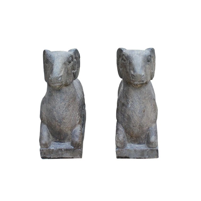 Stone Chinese Look Gray Color Crouching Ram Stone Statues - a Pair For Sale - Image 7 of 7