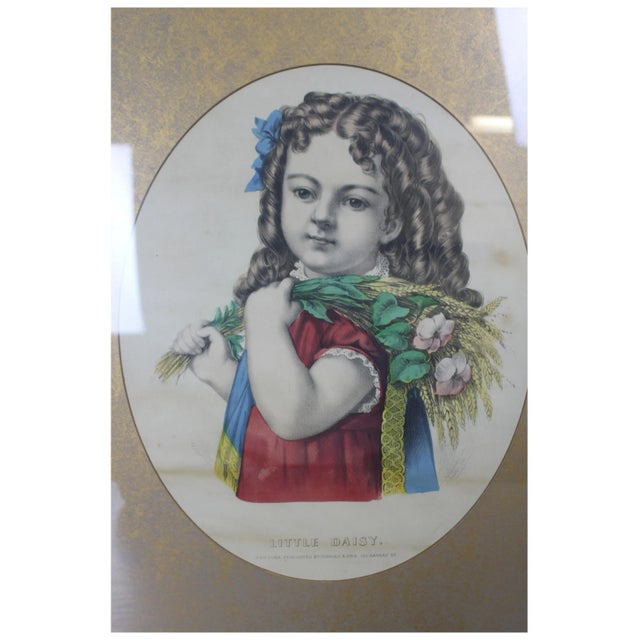 Victorian Currier & Ives Little Daisy Lithograph Victorian Girl Flowers Gold 23" For Sale - Image 3 of 7